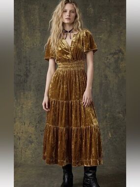 Anthropologie The Somerset Maxi Dress Velvet Edition Bamboo Women’s Sz S Tiered